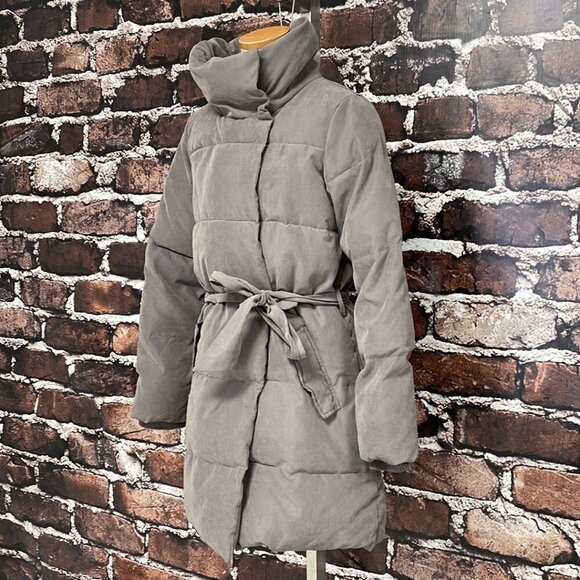 ICHI Puffer Trench Coat Square Tie Brown Size Medium M - Picture 7 of 16